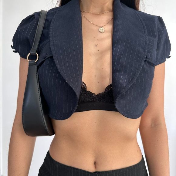 Vintage Y2K blue pinstripe super crop blazer top - Picture 2 of 7